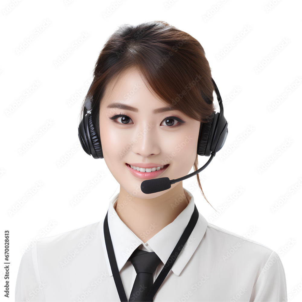 Portrait of friendly operator woman call center worker smiling with headset isolated on white background Portrait of friendly operator woman call center worker smiling with headset isolated on white background
