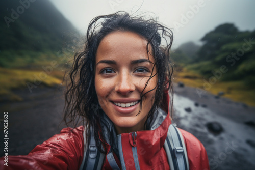 Portrait of Hiker female under the rain take a selfie