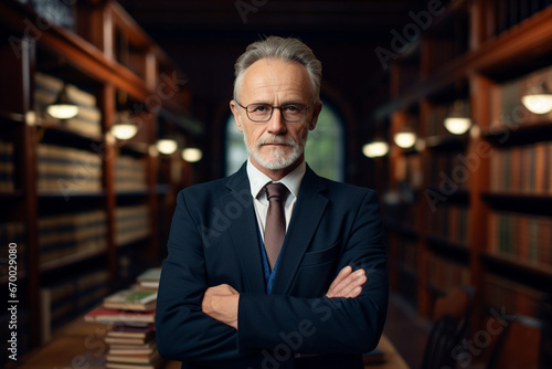 Portrait of mature professor with crossed arms standing in university library and looking at camera