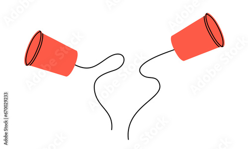 Hand drawn cute cartoon illustration paper cup phone. Flat vector two paper cups with broken string sticker in colored doodle style. Handmade call device icon or print. Dispute, conflict. Isolated.