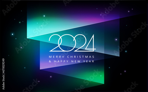 2024 Happy New Year and Merry Christmas modern minimalist creative background with aurora borealis northern lights - vector illustration