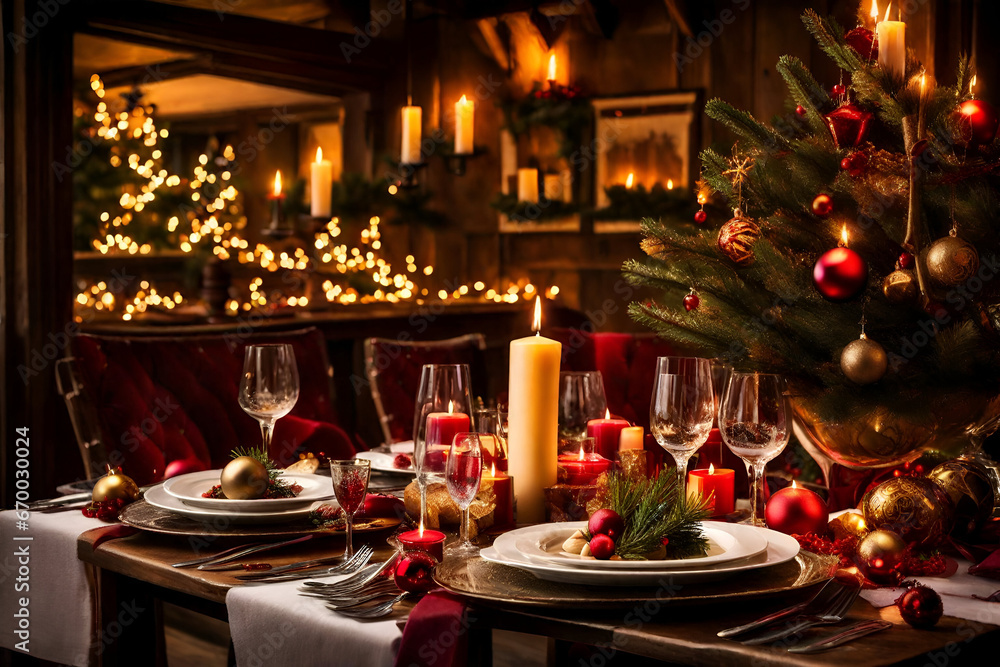 Christmas eve table in luxury interior, xmas holiday family dinner preparation, beautiful decorated place interior. wine glasses, dining plates, empty tableware generative AI
