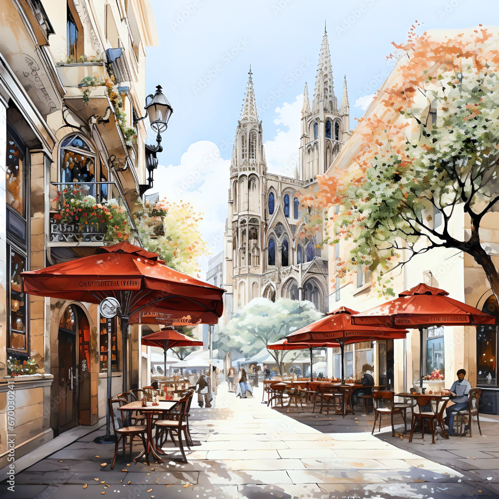 Watercolor Illustration of beautiful view of the city of Barcelona, Spain
