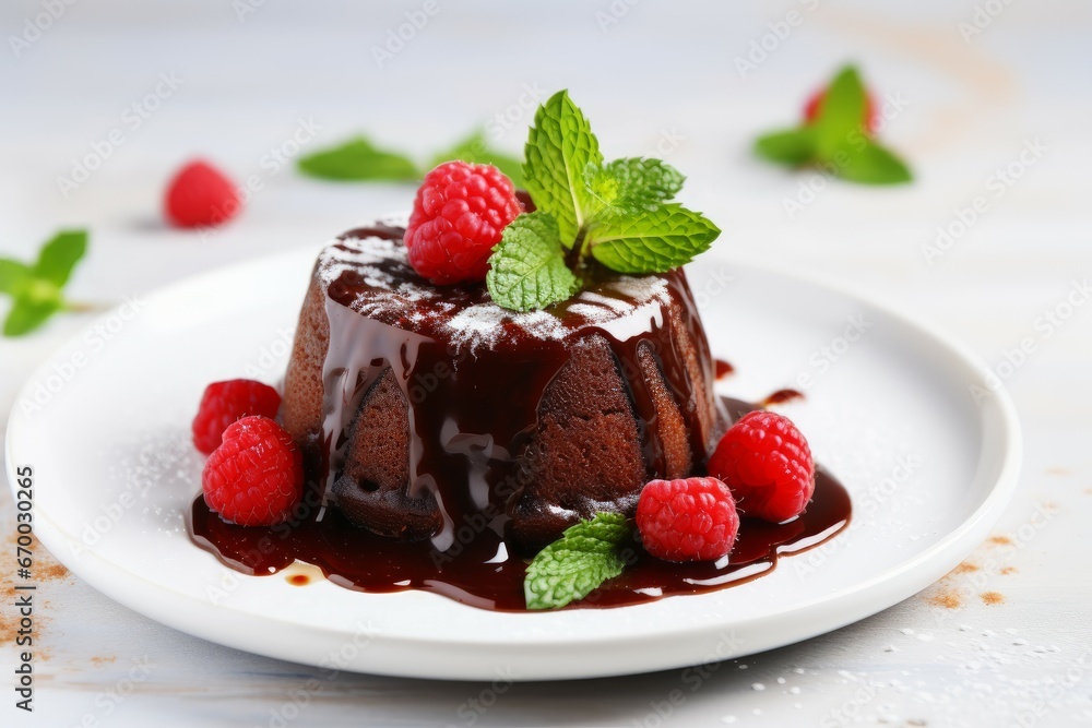 Plate with delicious chocolate fondant berries and mint. Pie fresh baked dessert. Generate Ai Plate with delicious chocolate fondant berries and mint. Pie fresh baked dessert. Generate Ai
