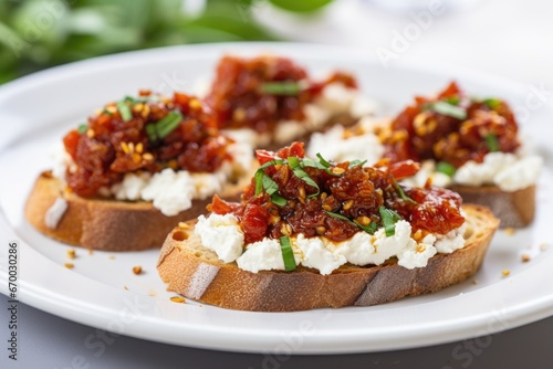 close-up of bruschetta with ricotta and sun-dried tomatoes on a white plate