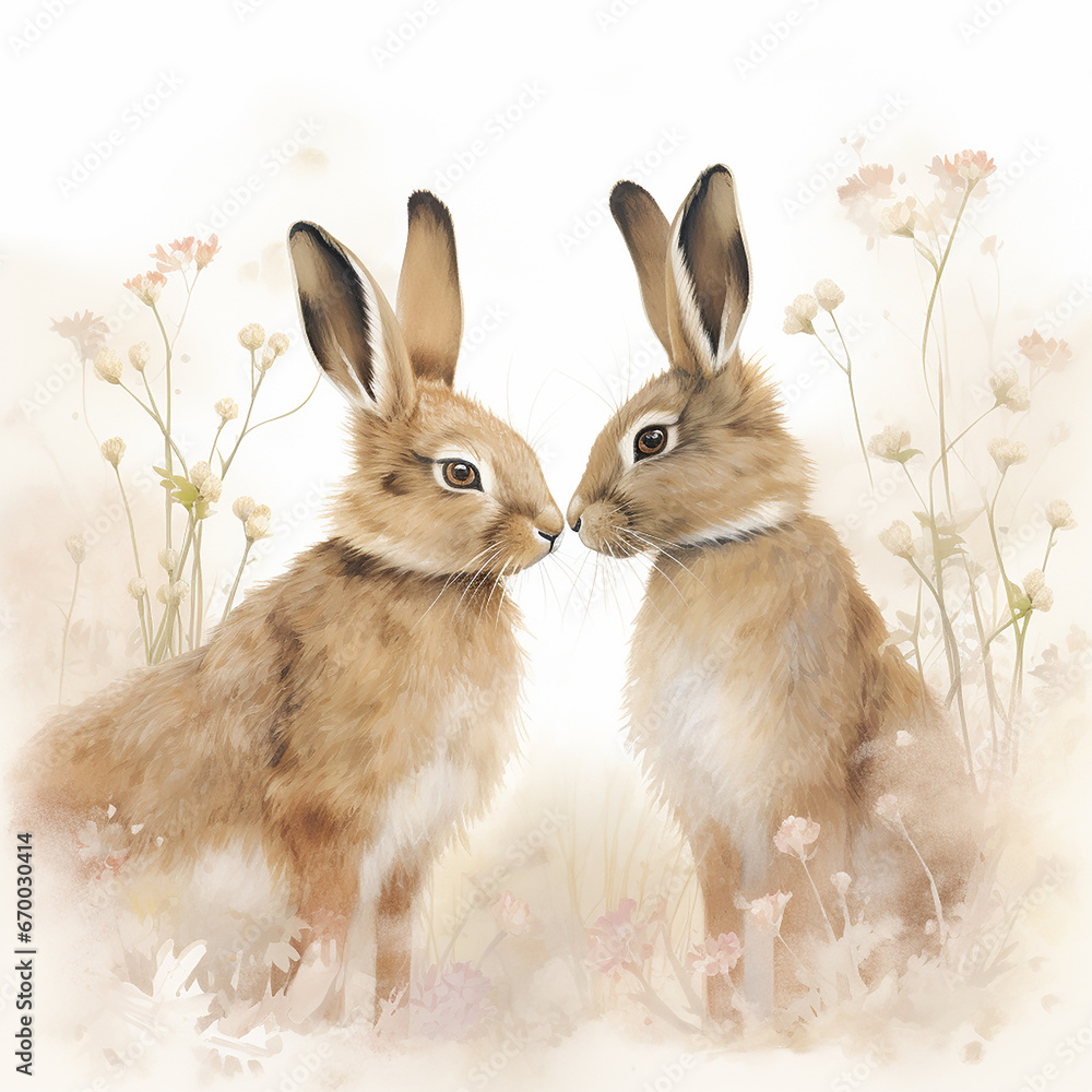 AI Easter card with two Easter bunnies and flowers in a frame in Rococo style, beige pastel colors. Square format. AI Easter card with two Easter bunnies and flowers in a frame in Rococo style, beige pastel colors. Square format.