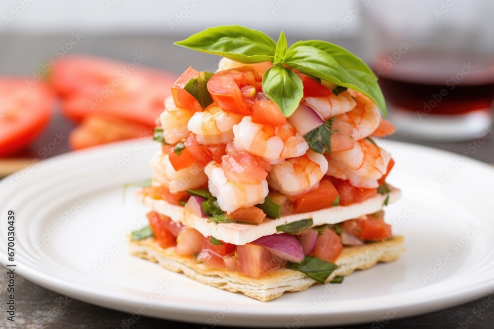 multi-layered shrimp bruschetta stacked on a square plate