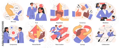 Win-win set. Professionals, employees navigate challenges, finding mutual success. Compromise, synergy and collaboration in negotiation process. Flat vector illustration.