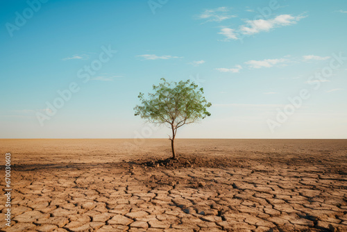A green tree grows on dry and cracked ground