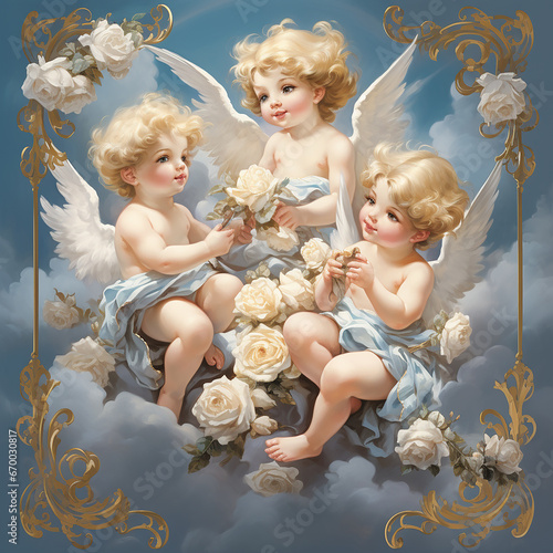 AI Easter card with cherubs and angels and flowers in a frame in Rococo style, delicate blue pastel colors. Square format. photo