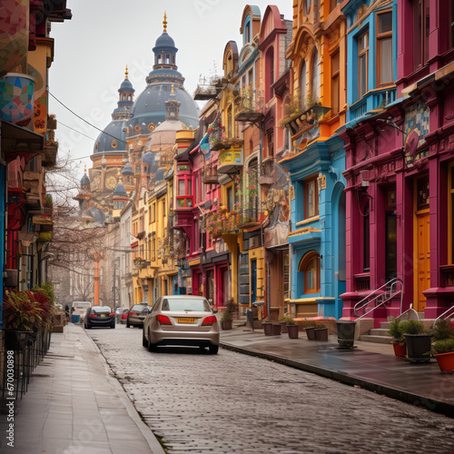 Cobblestone street with vibrant colorful buildings  car parked  leading to a historic dome-topped structure in a misty European city