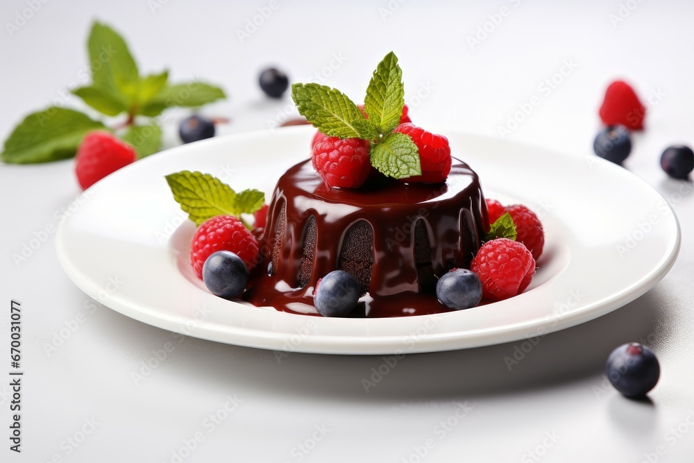Plate with delicious chocolate fondant berries sweet pie. Cocoa mint sweet dessert. Generate Ai Plate with delicious chocolate fondant berries sweet pie. Cocoa mint sweet dessert. Generate Ai