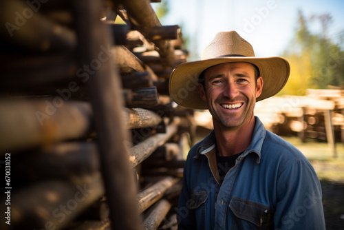 Portrait of Smiling rancher carrying fence posts outside barn