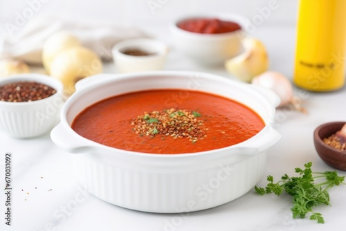 tomato-based detox soup on a white countertop