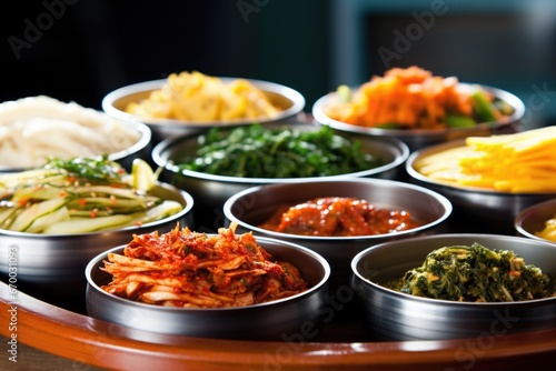 stack of various korean banchan dishes, focus on kimchi photo