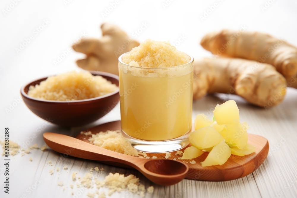 glass of ginger shot beside a wooden spoon piled with ginger powder glass of ginger shot beside a wooden spoon piled with ginger powder