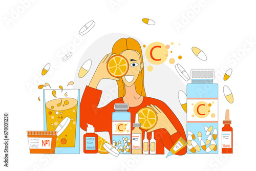 Vector illustration of a girl with oranges in the hands among jars, cones, capsules, tablets and vitamins, badds. Vitamin C in tablets jars and capsules on a white isolated background