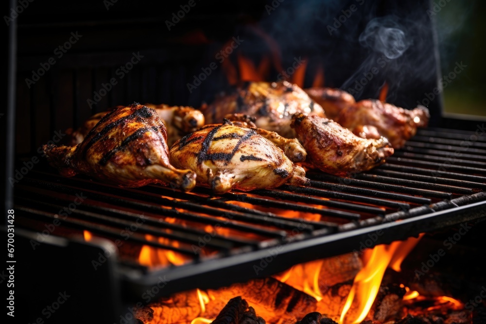 chicken marinating near an open charcoal grill