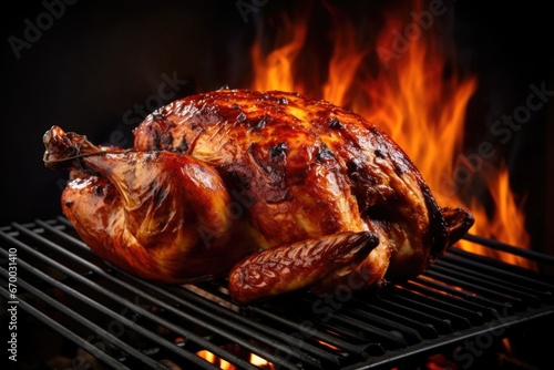 whole chicken on barbecue smoking with coal glow