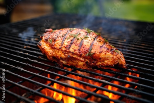 char-grilled chicken with a spicy rub on a grill grate
