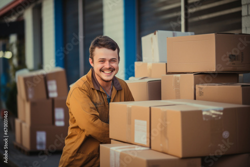 Portrait of special needs employee ordering cardboard boxes outdoors