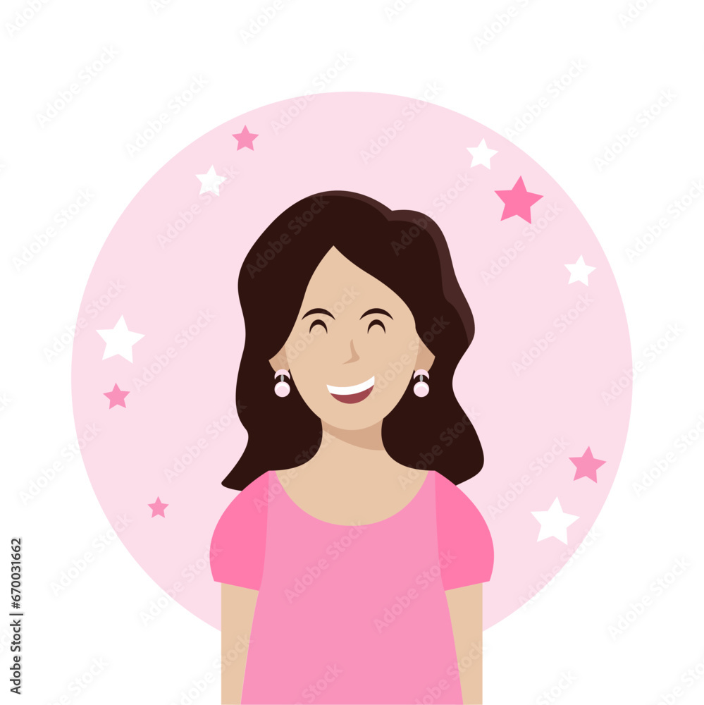 woman smiling pink dress dark hair flat style vector woman smiling pink dress dark hair flat style vector