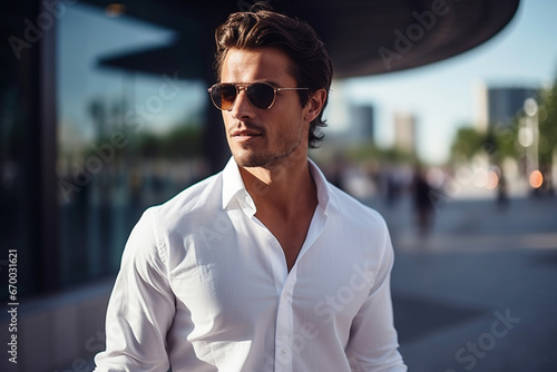 portrait of Stylish man wearing sunglasses and white shirt, City life © alisaaa
