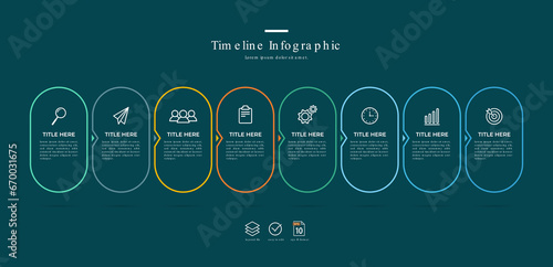 インフォグラフィックのタイムライン。 8ステッププロセスによる細線スタイル