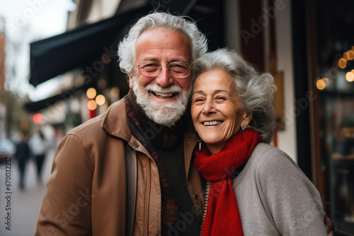 Close-up selfie shot of smiling senior couple taking portrait on mobile, smartphone while traveling in autumn or calling their friends or relatives. Elderly active life concept.