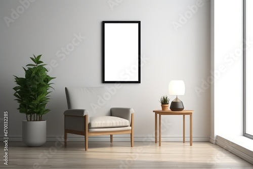 A contemporary interior room featuring empty frames for wall art mock-ups. Wall art printing mock-up with a combination of minimalistic and luxurious furnishings. © Matthew