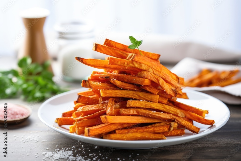 stack of sweet potato fries on a white plate stack of sweet potato fries on a white plate