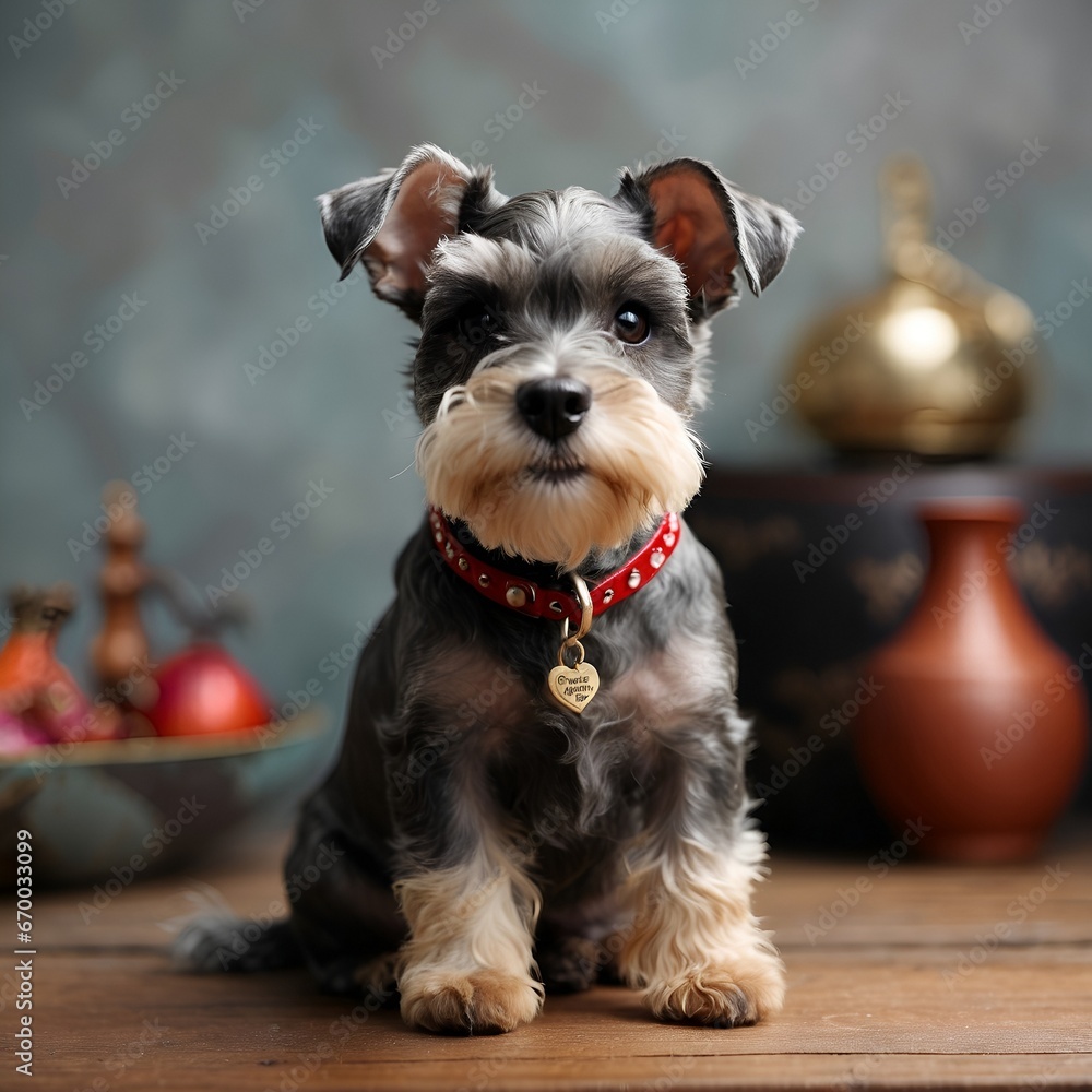 a miniature schnauzer dog sitting on a wooden table