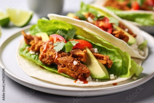 vegan soft shell taco with tempeh, lettuce, and tomato