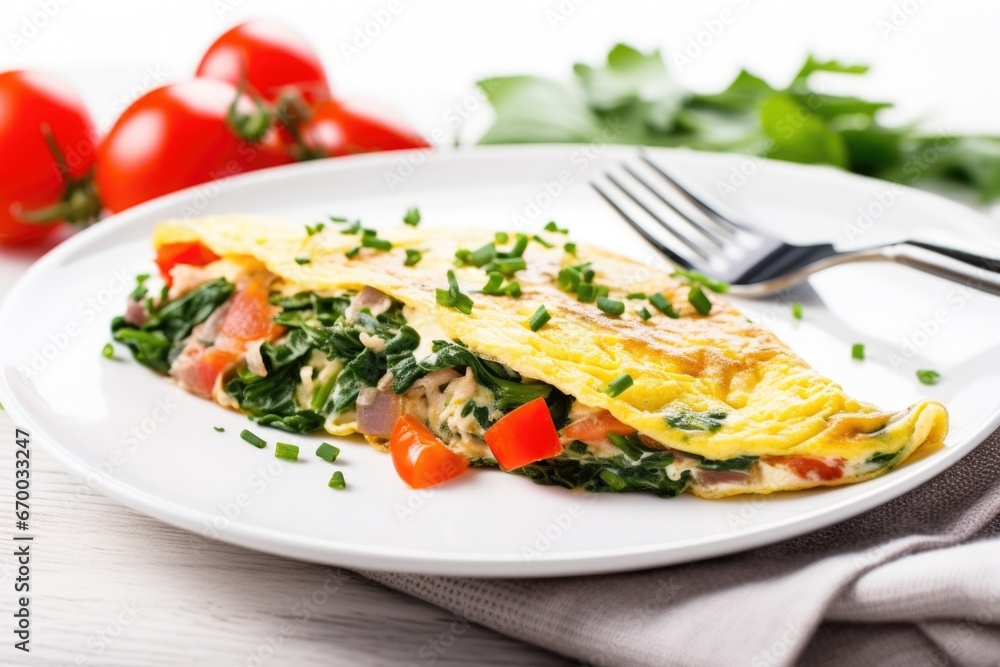 veggie omelette on white plate with silver fork veggie omelette on white plate with silver fork