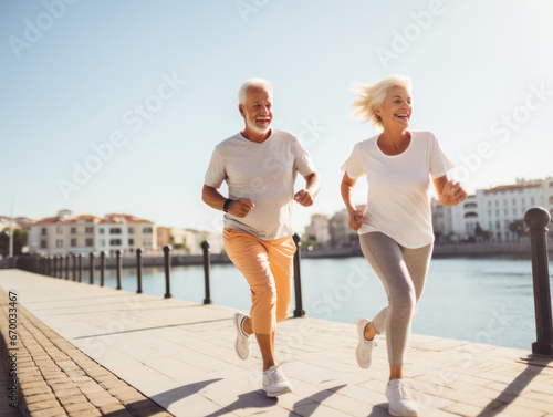 Happy elderly couple on run outside retirees wife and husband enjoy active lifestyle