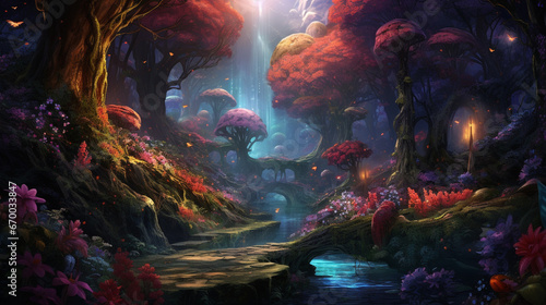 fantasy forest fairy tale background. tree with colorful lighting. dreamy woods landscape scene 