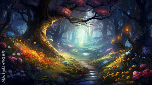 fantasy forest fairy tale background. tree with colorful lighting. dreamy woods landscape scene

