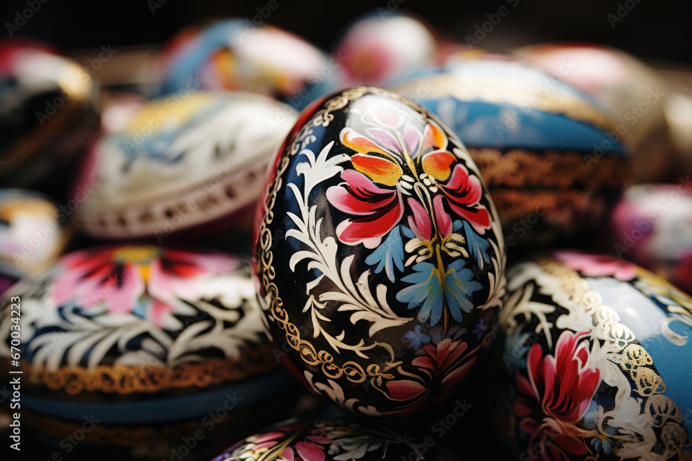 Intricately painted colorful traditional Easter eggs. Intricately painted colorful traditional Easter eggs.