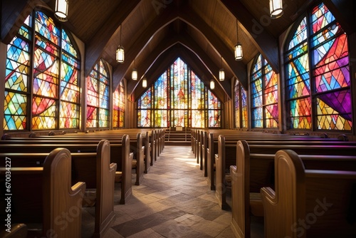 a chapel interior with stained glass windows