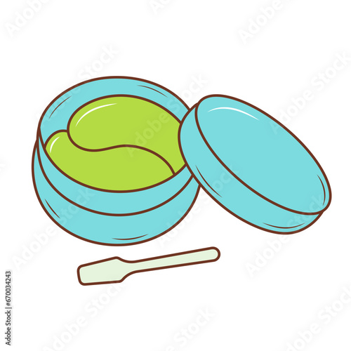 Hydrogel eye patches. Cosmetic product for skincare. Beauty pads in a plastic container with applicator. Color doodle icon.