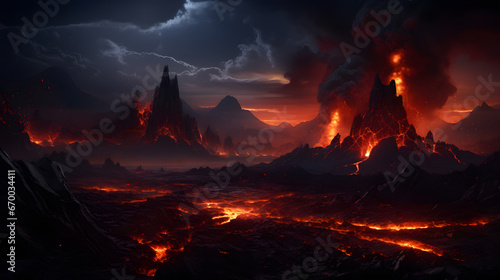 Portray the raw volcanic drama of a lava-spewing volcano, set against the dark night sky, in a highly detailed and epic landscape photograph that embodies the forces shaping our planet. © CanvasPixelDreams
