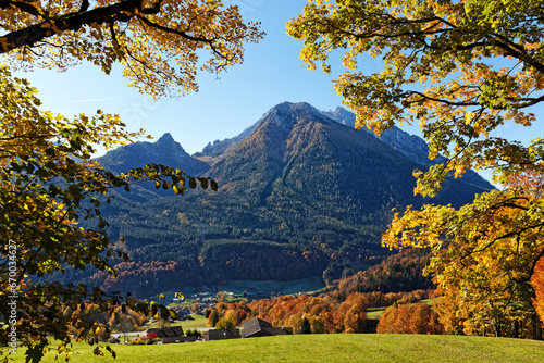 Autumn colored leaves in front of the peaks of the Berchtesgaden Alps, Bavaria, Europe