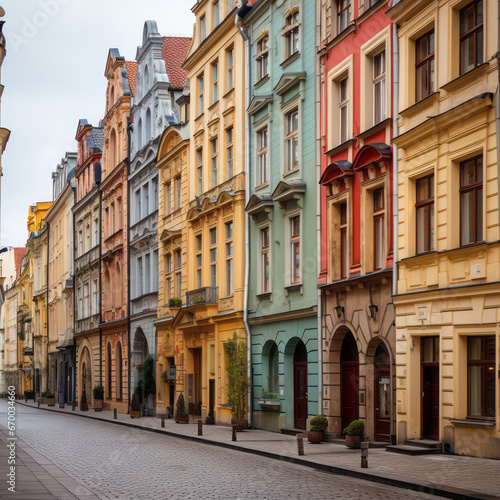 Quiet European street showcasing a row of historic pastel-colored townhouses with ornate facades and arched doorways