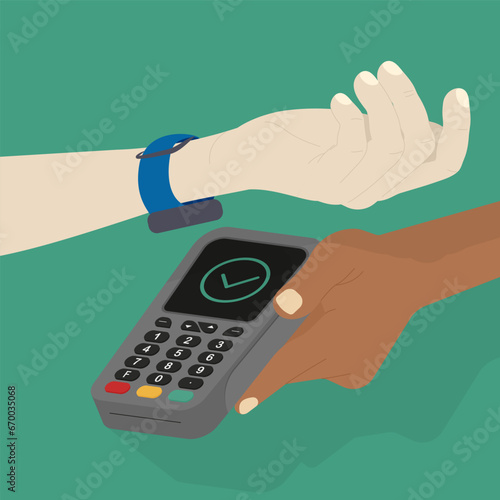Contactless payment using smart watches. Successful payment. Vector illustration
