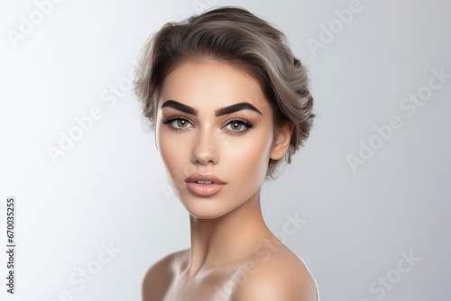 Portrait of beautiful young woman pretty model. Clear body care natural face. Generate Ai