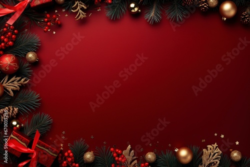 a luxury christmas border with christmas brance, gifts, pine tree leaf, little lamps decoration, red premium metal background for flat lay, generative ai © Nia™