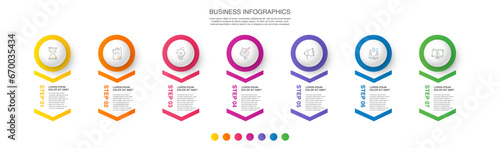 Vector business infographics template. Timeline with 7 circle, icon, arrow, steps, seven number options. Can be used for workflow layout, diagram, chart, banner, web design. Modern illustration