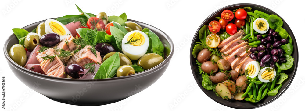 Bundle of two bowls with nicoise salad with tuna, green beans, potatoes, and olives isolated on transparent background