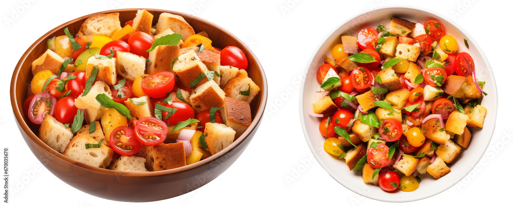 Panzanella collection, Italian bread and tomato salad, side and top view, isolated on white background Panzanella collection, Italian bread and tomato salad, side and top view, isolated on white background