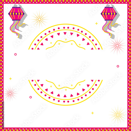 Hanging Lanterns Decorated on Purple Fireworks Background with Copy Space. Diwali Greeting Card.